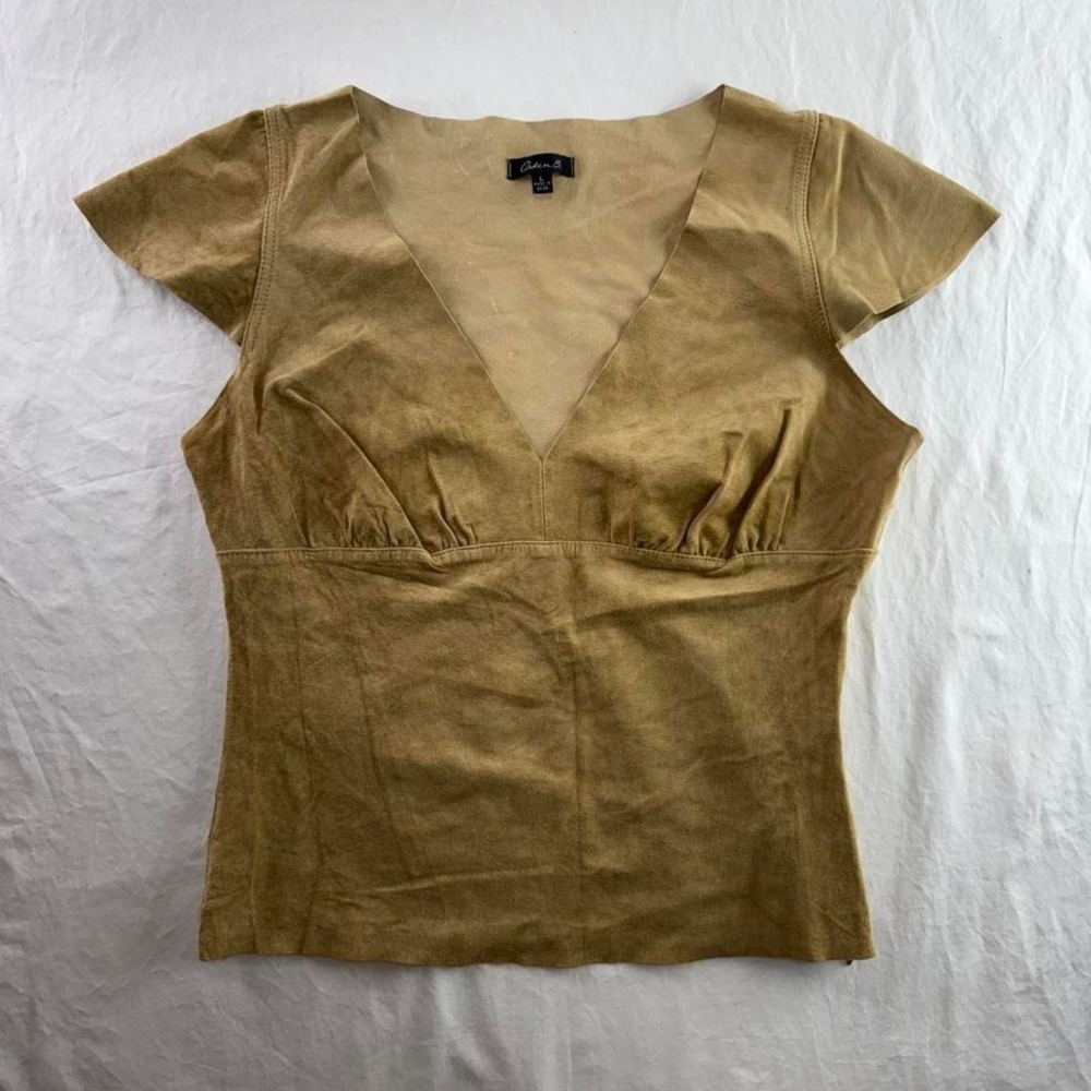Arden B Deep V-Neck 100% Suede Leather Top Sz L Side Zipper Boho Y2k Western - Picture 1 of 8